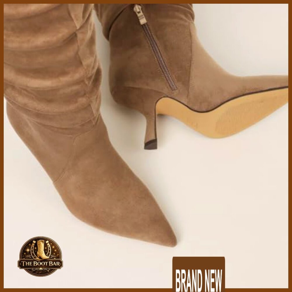 Knee High Boots Wide Calf Slouchy Tall Kitten Heel Pointed Toe Side Zipper - Picture 5 of 7